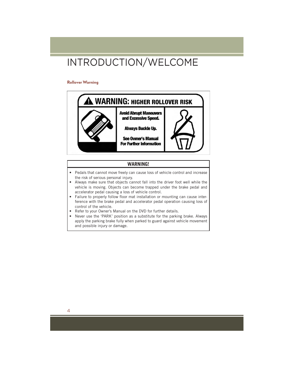 Rollover warning, Introduction/welcome | Jeep 2015 Compass - User Guide User Manual | Page 6 / 132