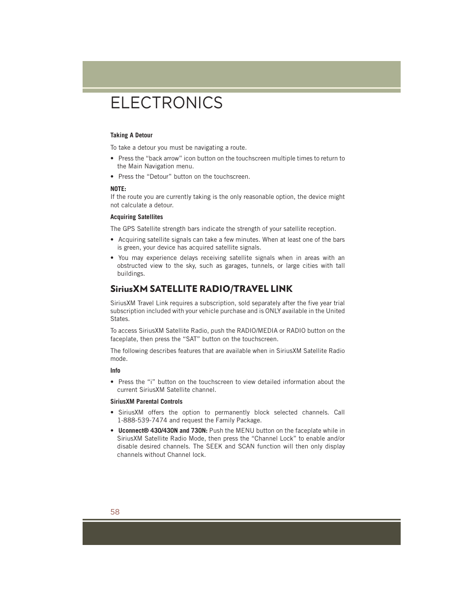 Siriusxm satellite radio/travel link, Siriusxm satellite radio/travel, Link | Electronics | Jeep 2015 Compass - User Guide User Manual | Page 60 / 132