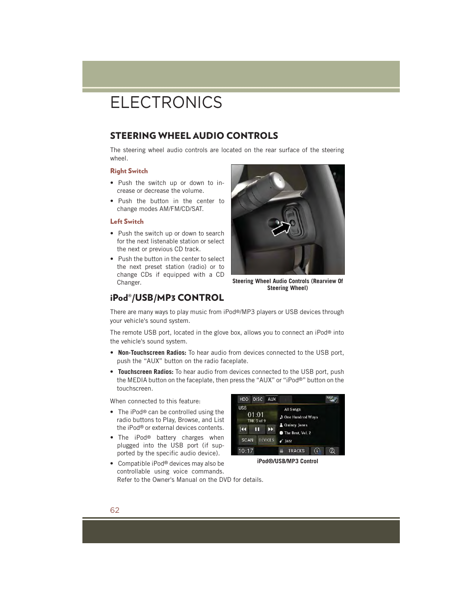Steering wheel audio controls, Right switch, Left switch | Ipod®/usb/mp3 control, Ipod, Usb/mp3 control, Electronics | Jeep 2015 Compass - User Guide User Manual | Page 64 / 132