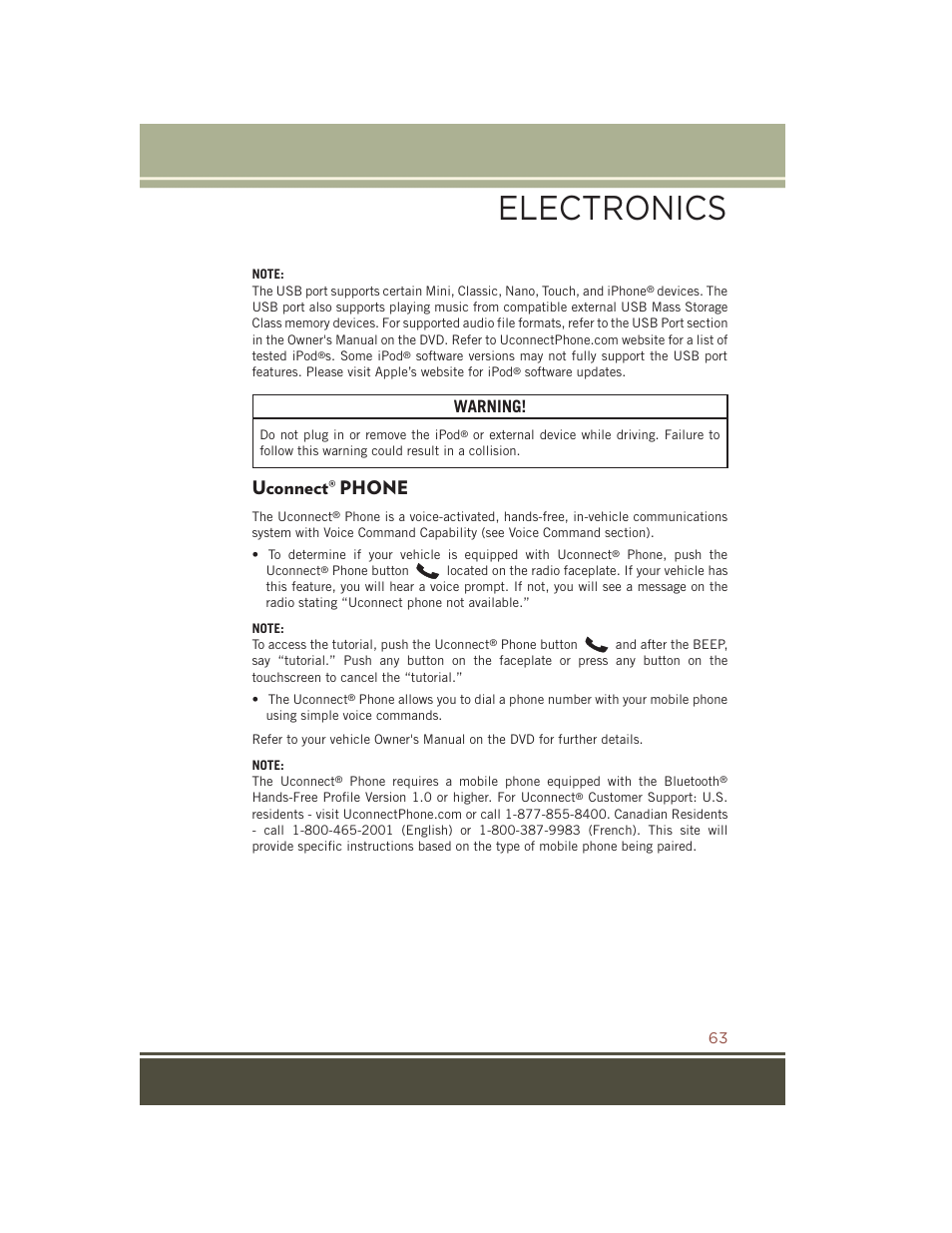 Uconnect® phone, Uconnect, Phone | Electronics, Warning | Jeep 2015 Compass - User Guide User Manual | Page 65 / 132