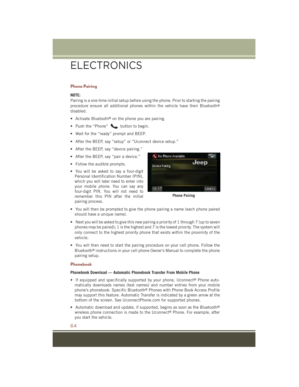 Phone pairing, Phonebook, Electronics | Jeep 2015 Compass - User Guide User Manual | Page 66 / 132