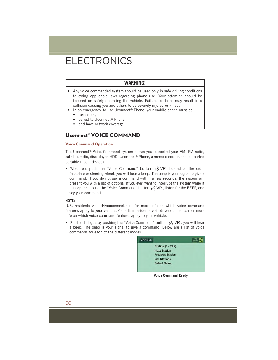 Uconnect® voice command, Voice command operation, Uconnect | Voice command, Electronics, Warning | Jeep 2015 Compass - User Guide User Manual | Page 68 / 132