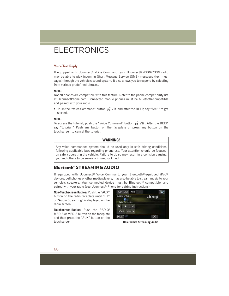 Voice text reply, Bluetooth® streaming audio, Bluetooth | Streaming audio, Electronics, Warning | Jeep 2015 Compass - User Guide User Manual | Page 70 / 132