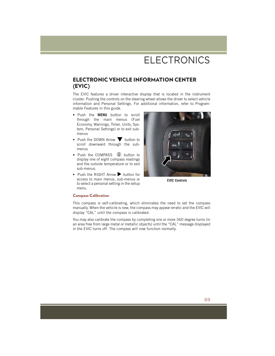 Electronic vehicle information center (evic), Compass calibration, Electronic vehicle information | Center (evic), Electronics | Jeep 2015 Compass - User Guide User Manual | Page 71 / 132