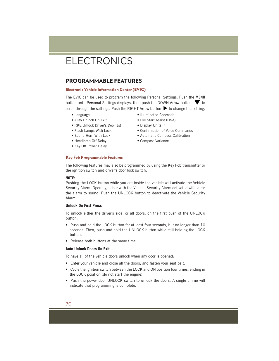 Programmable features, Electronic vehicle information center (evic), Key fob programmable features | Electronics | Jeep 2015 Compass - User Guide User Manual | Page 72 / 132