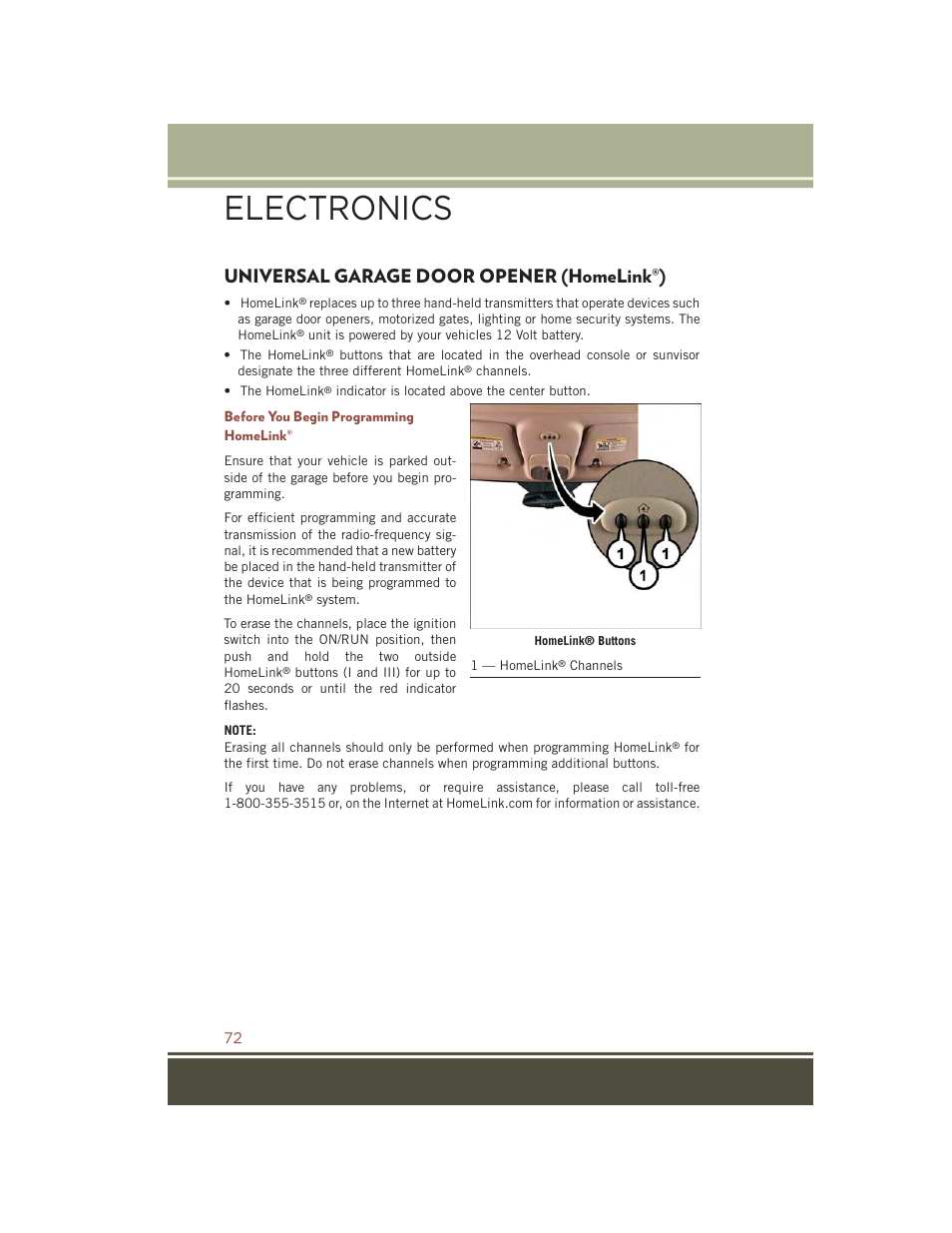 Universal garage door opener (homelink®), Before you begin programming homelink, Universal garage door opener | Homelink, Electronics | Jeep 2015 Compass - User Guide User Manual | Page 74 / 132