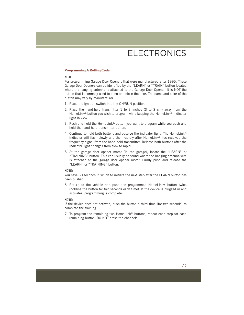 Programming a rolling code, Electronics | Jeep 2015 Compass - User Guide User Manual | Page 75 / 132