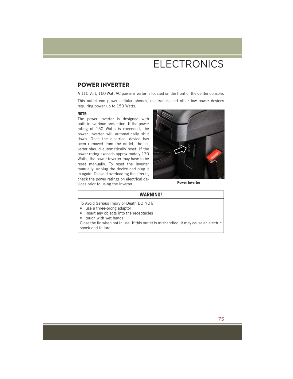 Power inverter, Electronics | Jeep 2015 Compass - User Guide User Manual | Page 77 / 132