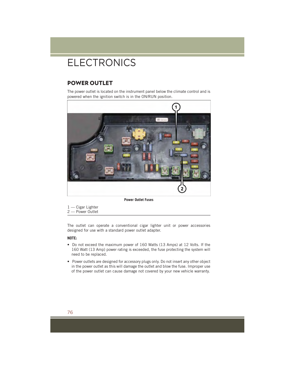 Power outlet, Electronics | Jeep 2015 Compass - User Guide User Manual | Page 78 / 132