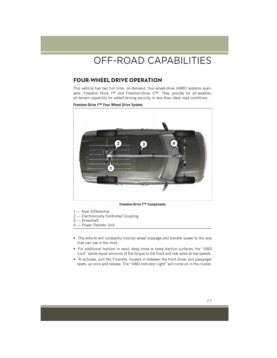 Off-road capabilities, Four-wheel drive operation | Jeep 2015 Compass - User Guide User Manual | Page 79 / 132