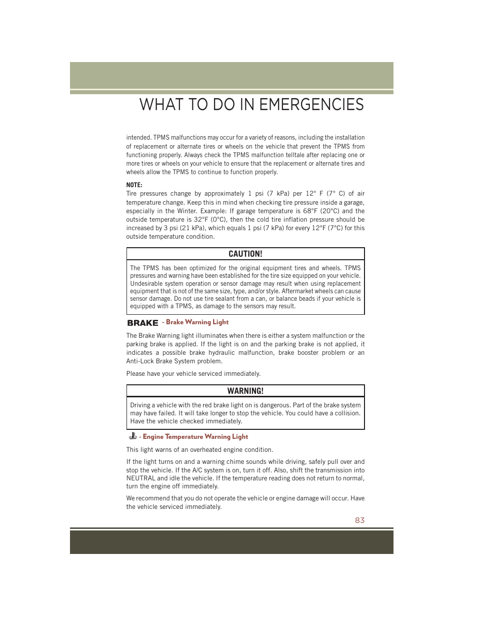 Brake warning light, Engine temperature warning light, What to do in emergencies | Jeep 2015 Compass - User Guide User Manual | Page 85 / 132