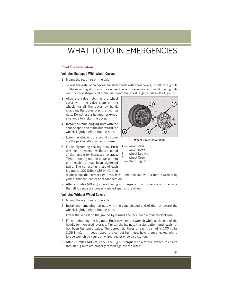 Road tire installation, What to do in emergencies | Jeep 2015 Compass - User Guide User Manual | Page 93 / 132