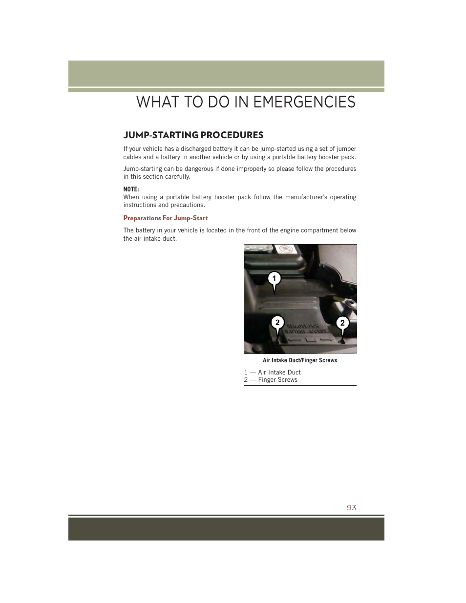 Jump-starting procedures, Preparations for jump-start, What to do in emergencies | Jeep 2015 Compass - User Guide User Manual | Page 95 / 132