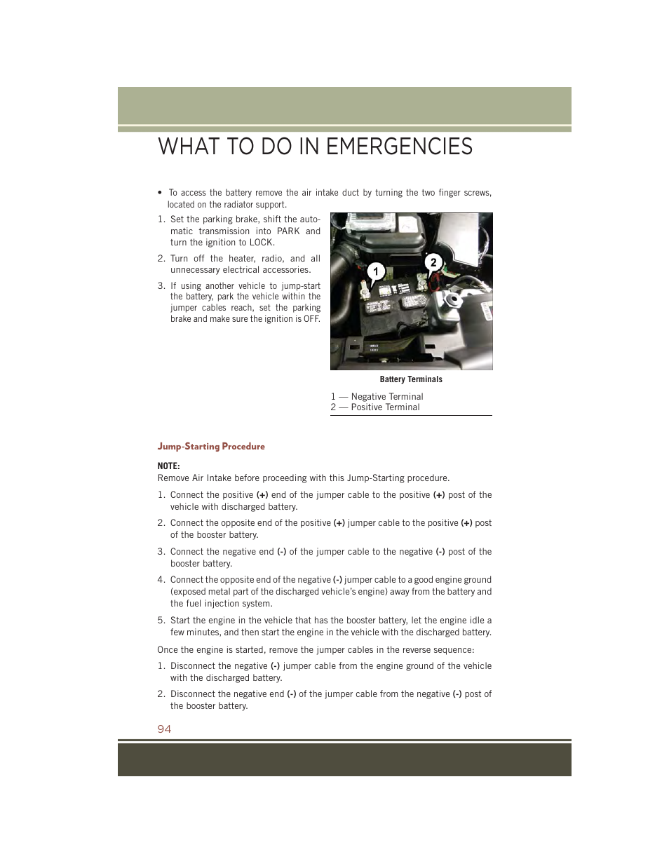 Jump-starting procedure, What to do in emergencies | Jeep 2015 Compass - User Guide User Manual | Page 96 / 132