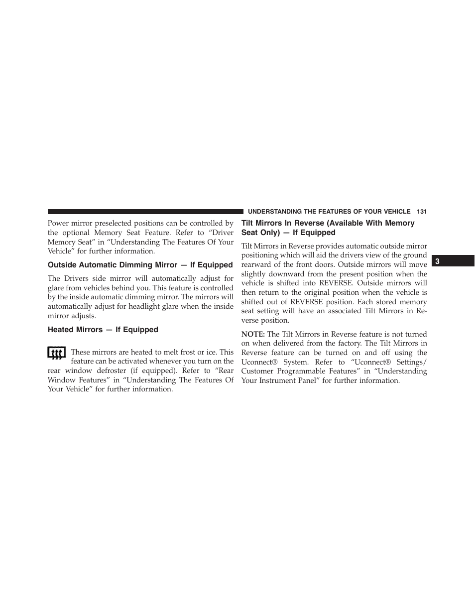 Outside automatic dimming mirror — if equipped, Heated mirrors — if equipped, Outside automatic dimming mirror | If equipped, Tilt mirrors in reverse (available with memory, Seat only) — if equipped | Jeep 2015 Grand Cherokee - Owner Manual User Manual | Page 133 / 709