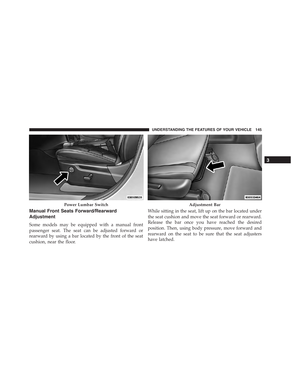 Manual front seats forward/rearward adjustment, Manual front seats forward/rearward, Adjustment | Jeep 2015 Grand Cherokee - Owner Manual User Manual | Page 147 / 709