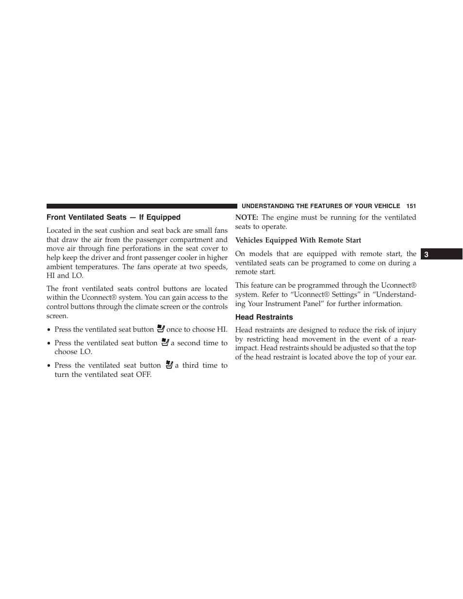 Front ventilated seats — if equipped, Head restraints | Jeep 2015 Grand Cherokee - Owner Manual User Manual | Page 153 / 709