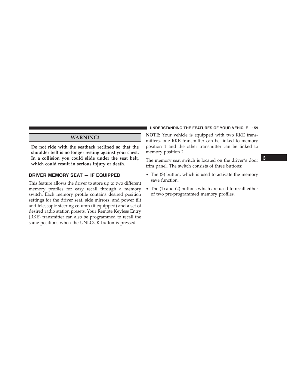 Driver memory seat — if equipped | Jeep 2015 Grand Cherokee - Owner Manual User Manual | Page 161 / 709