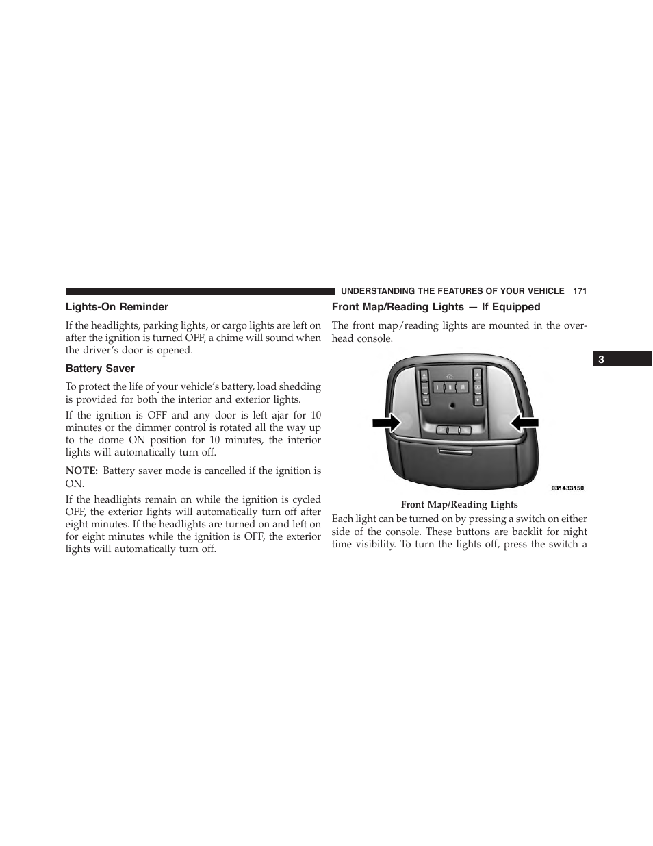 Lights-on reminder, Battery saver, Front map/reading lights — if equipped | Jeep 2015 Grand Cherokee - Owner Manual User Manual | Page 173 / 709