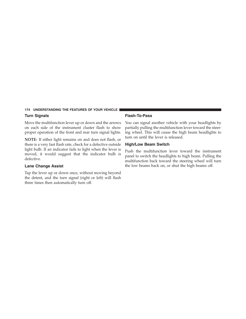 Turn signals, Lane change assist, Flash-to-pass | High/low beam switch | Jeep 2015 Grand Cherokee - Owner Manual User Manual | Page 176 / 709