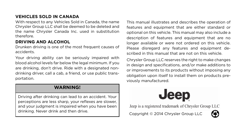 Warning | Jeep 2015 Grand Cherokee - Owner Manual User Manual | Page 2 / 709