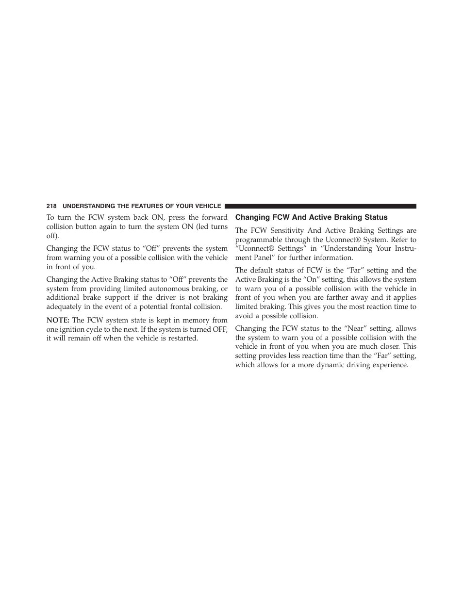 Changing fcw and active braking status | Jeep 2015 Grand Cherokee - Owner Manual User Manual | Page 220 / 709