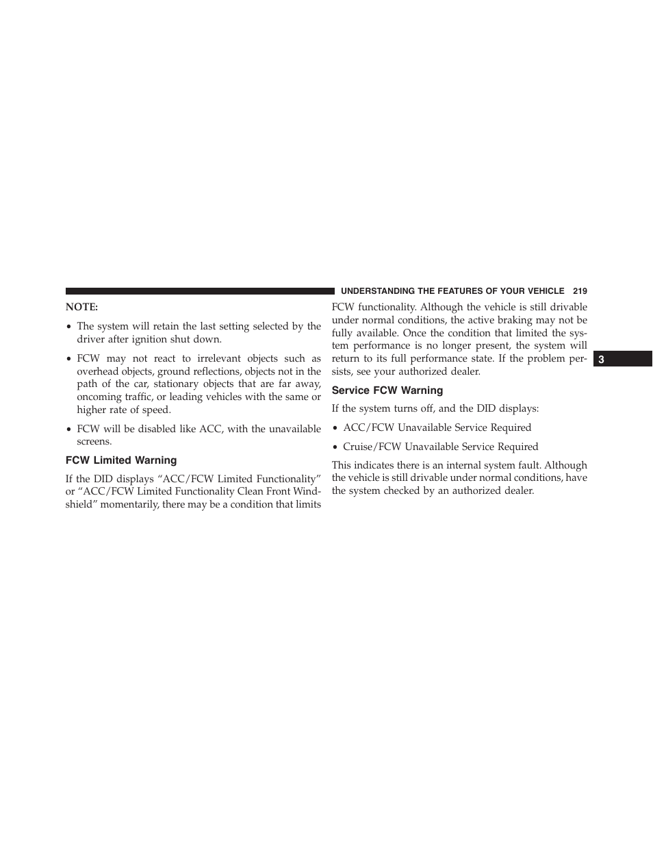 Fcw limited warning, Service fcw warning | Jeep 2015 Grand Cherokee - Owner Manual User Manual | Page 221 / 709