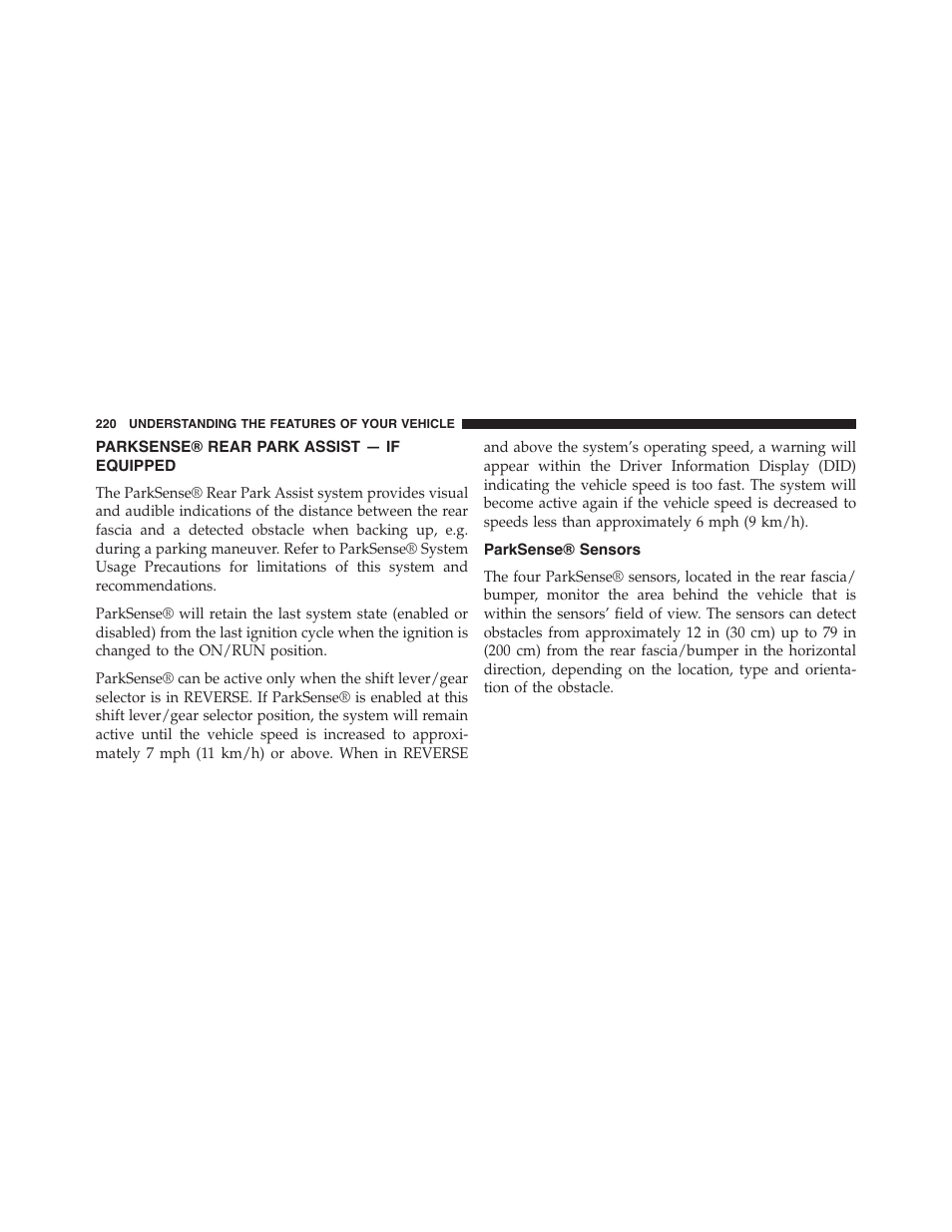 Parksense® rear park assist — if equipped, Parksense® sensors, Parksense® rear park assist | If equipped | Jeep 2015 Grand Cherokee - Owner Manual User Manual | Page 222 / 709