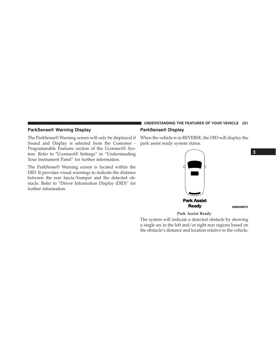 Parksense® warning display, Parksense® display | Jeep 2015 Grand Cherokee - Owner Manual User Manual | Page 223 / 709