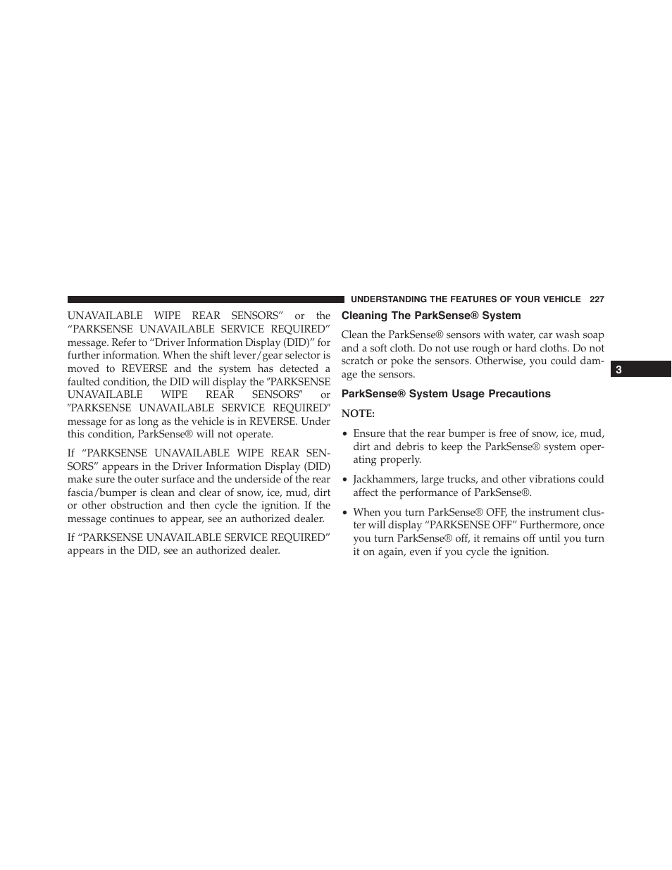 Cleaning the parksense® system, Parksense® system usage precautions | Jeep 2015 Grand Cherokee - Owner Manual User Manual | Page 229 / 709