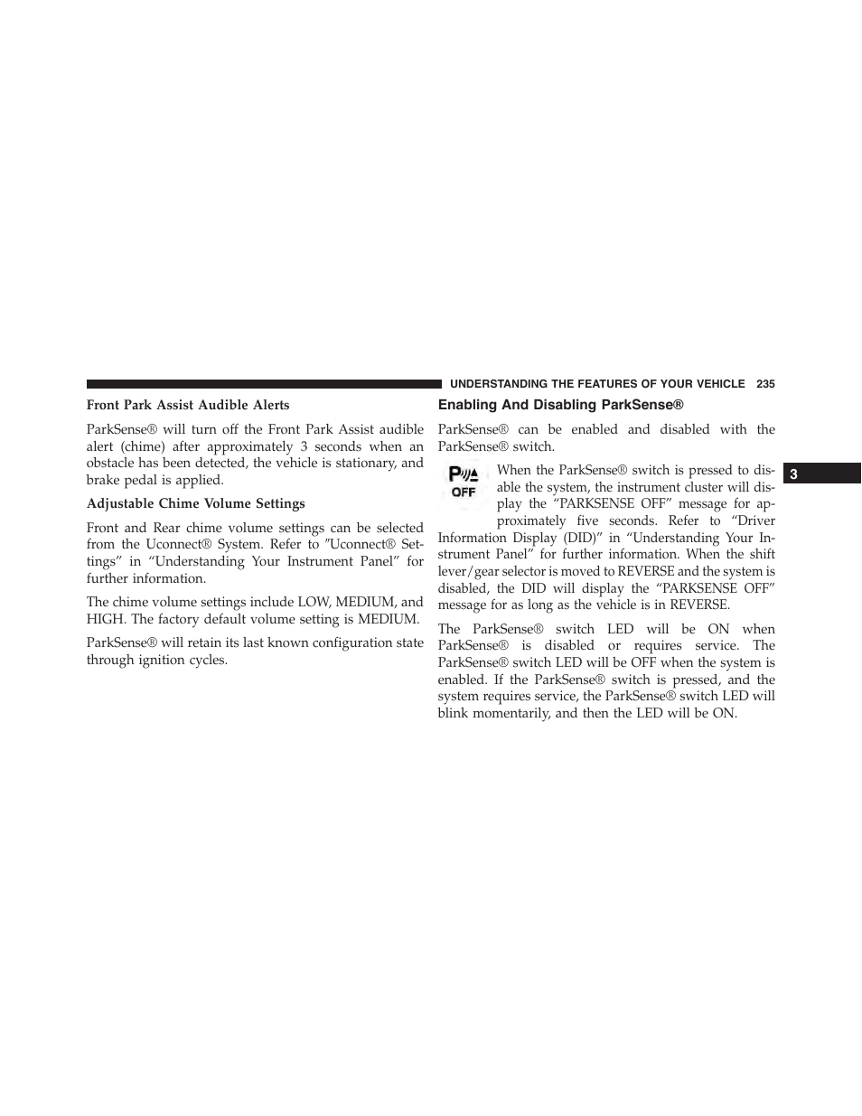 Enabling and disabling parksense | Jeep 2015 Grand Cherokee - Owner Manual User Manual | Page 237 / 709