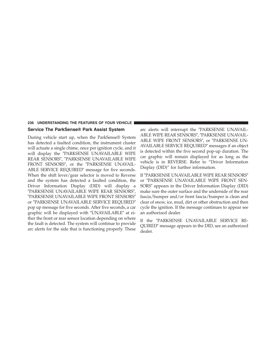 Service the parksense® park assist system | Jeep 2015 Grand Cherokee - Owner Manual User Manual | Page 238 / 709