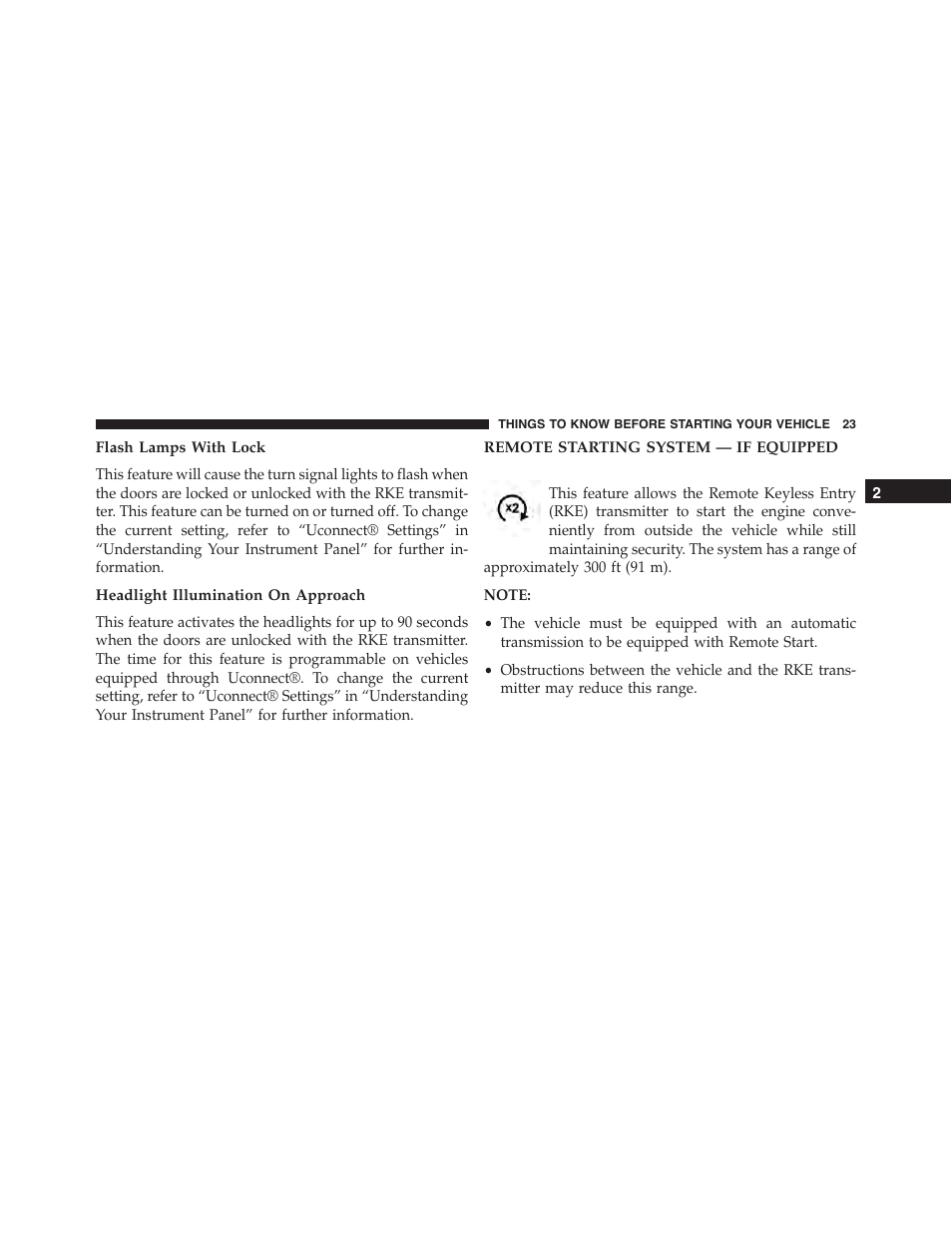 Flash lamps with lock, Headlight illumination on approach, Remote starting system — if equipped | Jeep 2015 Grand Cherokee - Owner Manual User Manual | Page 25 / 709