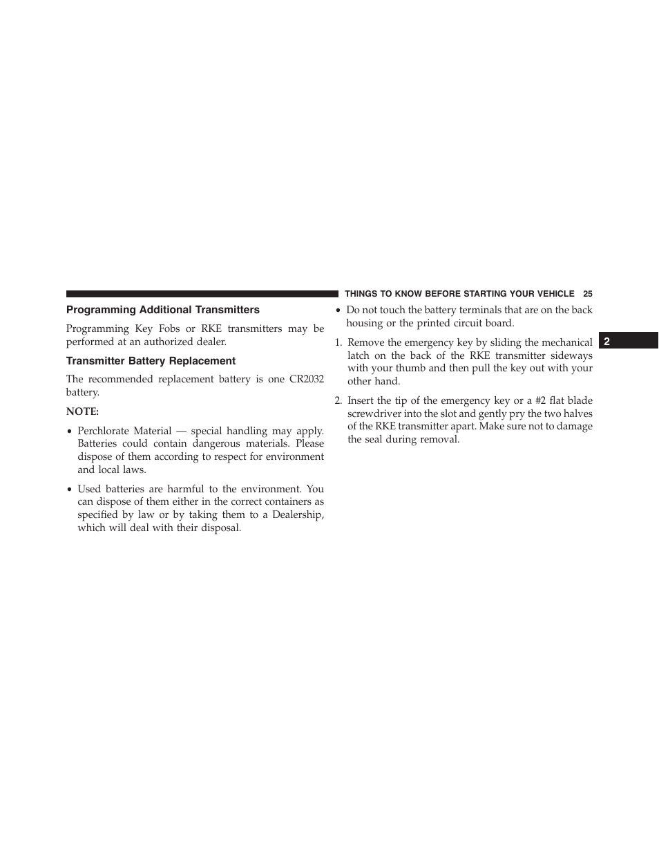 Programming additional transmitters, Transmitter battery replacement | Jeep 2015 Grand Cherokee - Owner Manual User Manual | Page 27 / 709