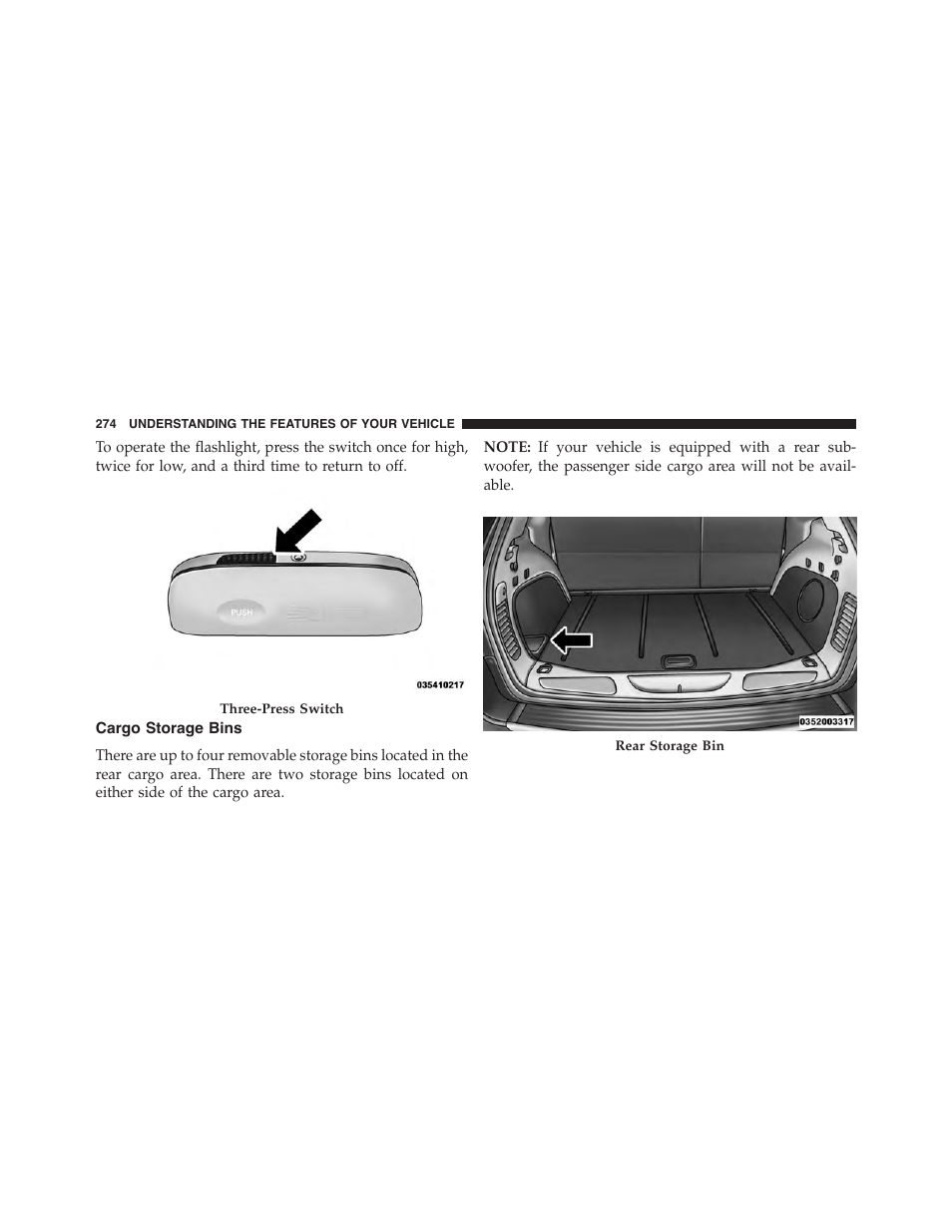 Cargo storage bins | Jeep 2015 Grand Cherokee - Owner Manual User Manual | Page 276 / 709