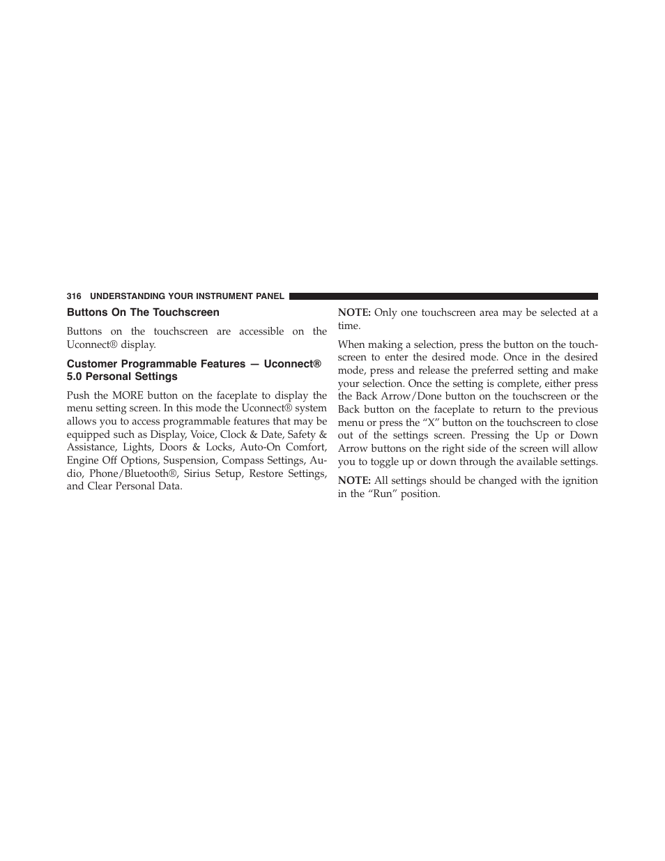 Buttons on the touchscreen, Customer programmable features, Uconnect® 5.0 personal settings | Jeep 2015 Grand Cherokee - Owner Manual User Manual | Page 318 / 709