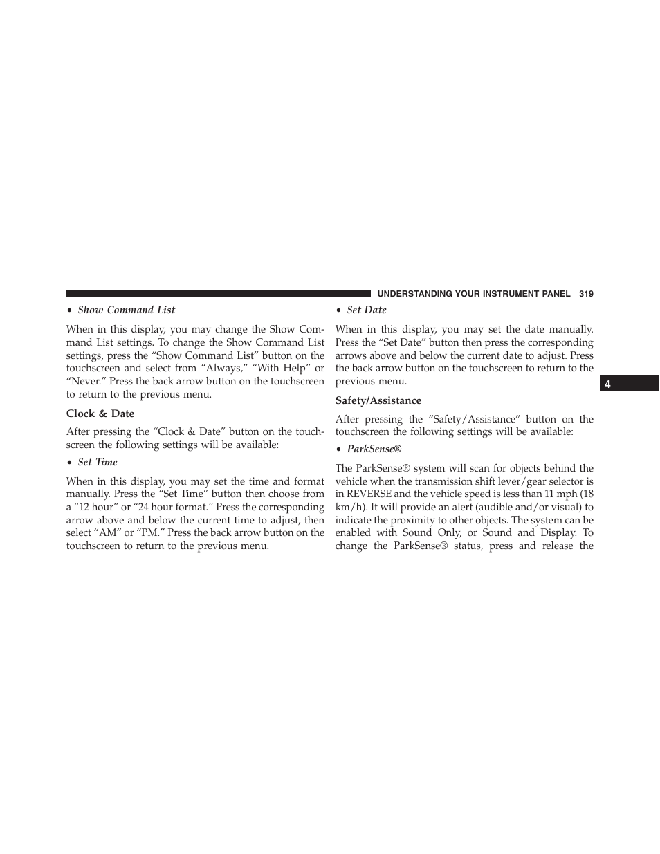Clock & date, Safety/assistance | Jeep 2015 Grand Cherokee - Owner Manual User Manual | Page 321 / 709