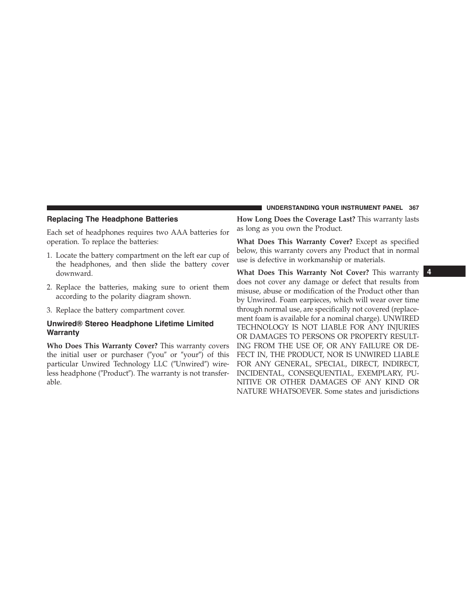 Replacing the headphone batteries, Unwired® stereo headphone lifetime, Limited warranty | Jeep 2015 Grand Cherokee - Owner Manual User Manual | Page 369 / 709