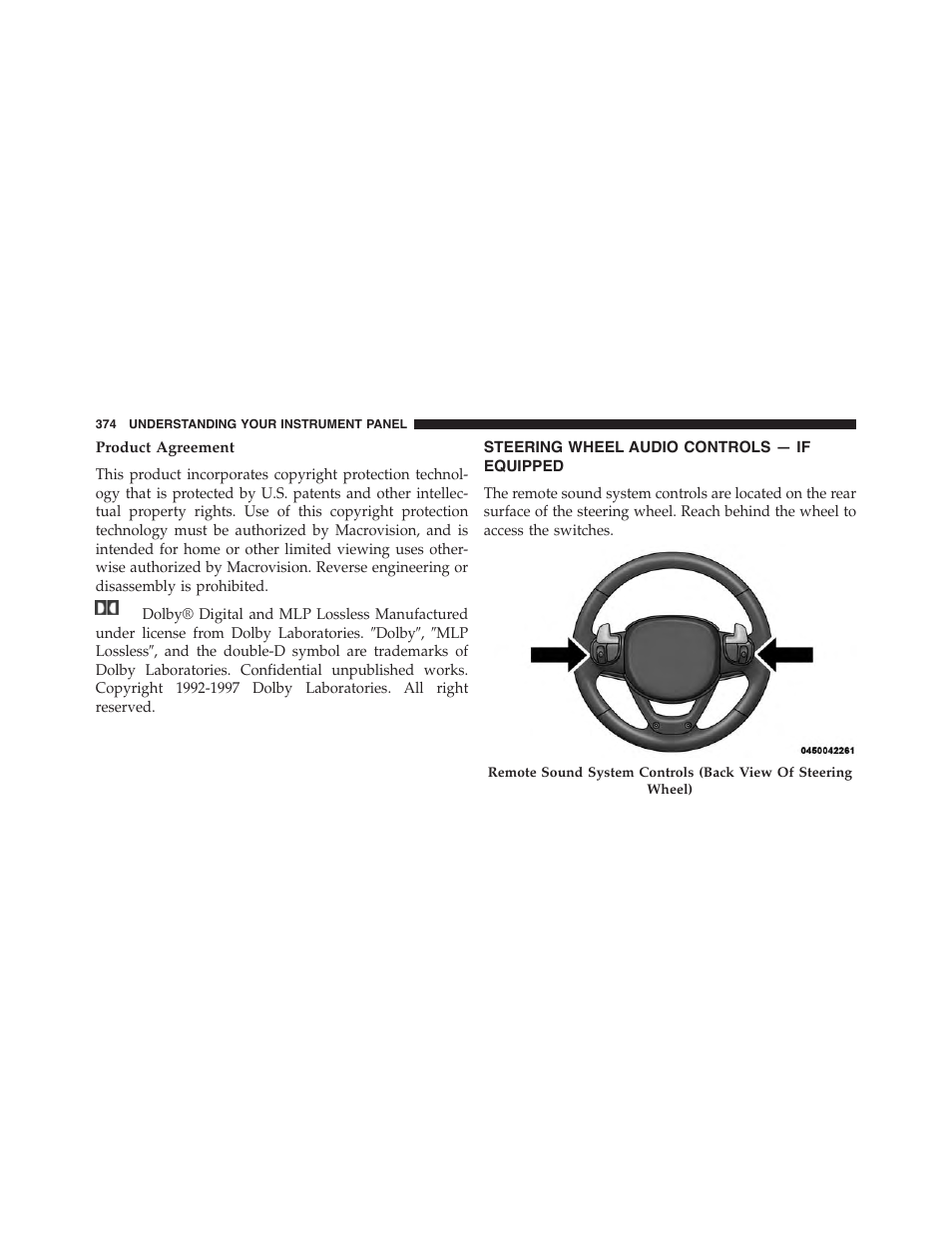 Product agreement, Steering wheel audio controls — if equipped, Steering wheel audio controls | If equipped | Jeep 2015 Grand Cherokee - Owner Manual User Manual | Page 376 / 709