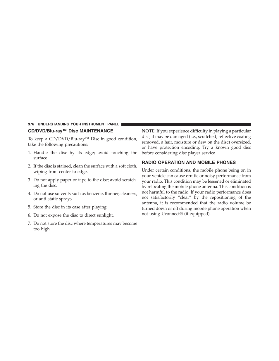 Cd/dvd/blu-ray™ disc maintenance, Radio operation and mobile phones | Jeep 2015 Grand Cherokee - Owner Manual User Manual | Page 378 / 709