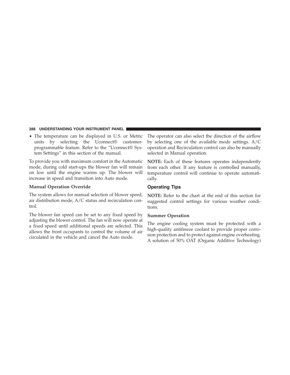 Manual operation override, Operating tips, Summer operation | Jeep 2015 Grand Cherokee - Owner Manual User Manual | Page 390 / 709