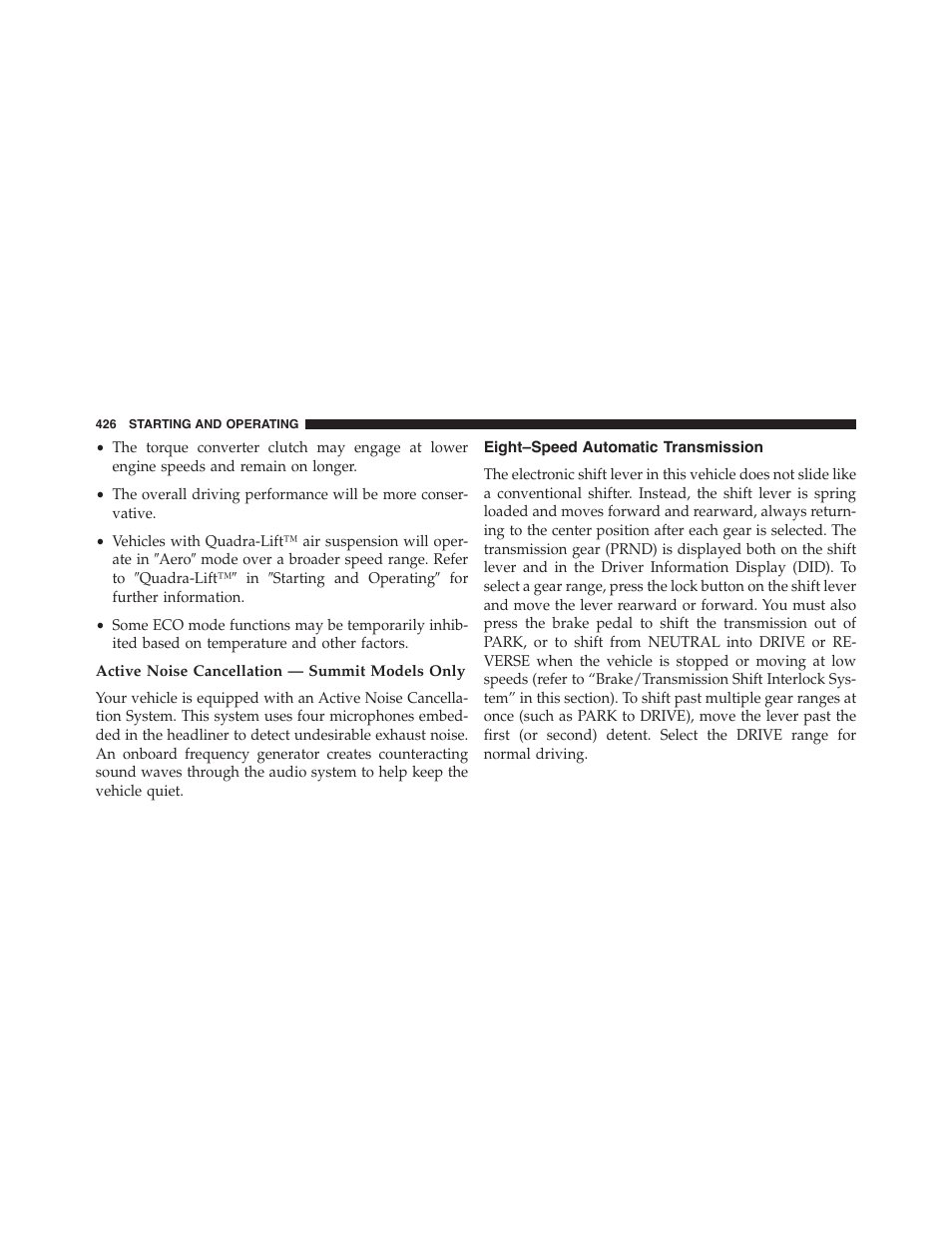 Active noise cancellation — summit models only, Eight–speed automatic transmission | Jeep 2015 Grand Cherokee - Owner Manual User Manual | Page 428 / 709