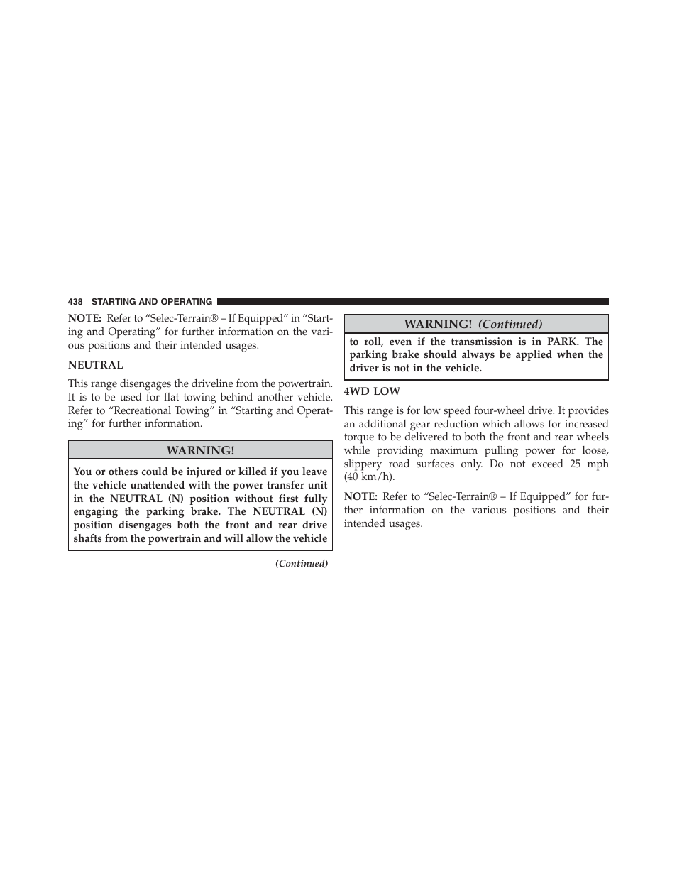 Neutral, 4wd low | Jeep 2015 Grand Cherokee - Owner Manual User Manual | Page 440 / 709
