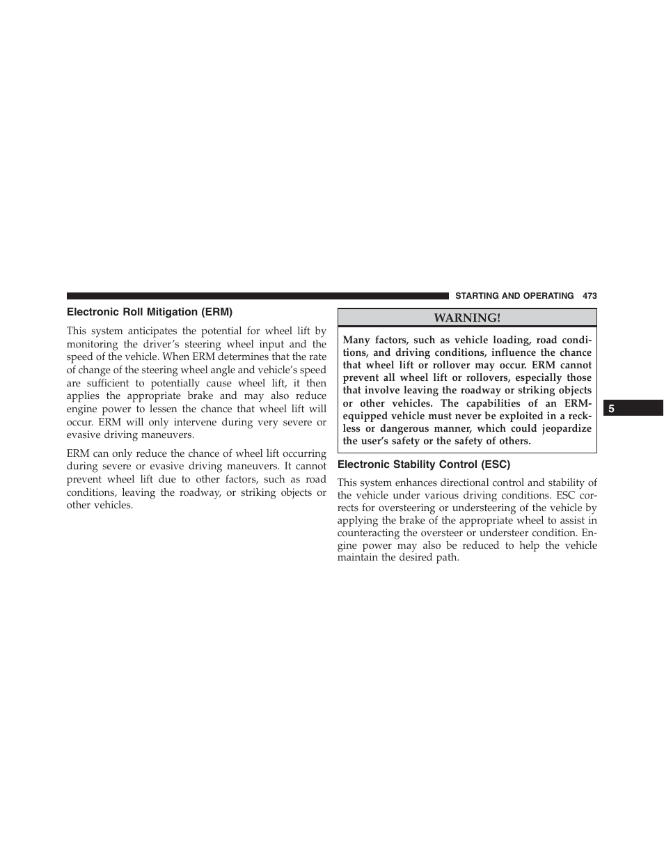 Electronic roll mitigation (erm), Electronic stability control (esc) | Jeep 2015 Grand Cherokee - Owner Manual User Manual | Page 475 / 709