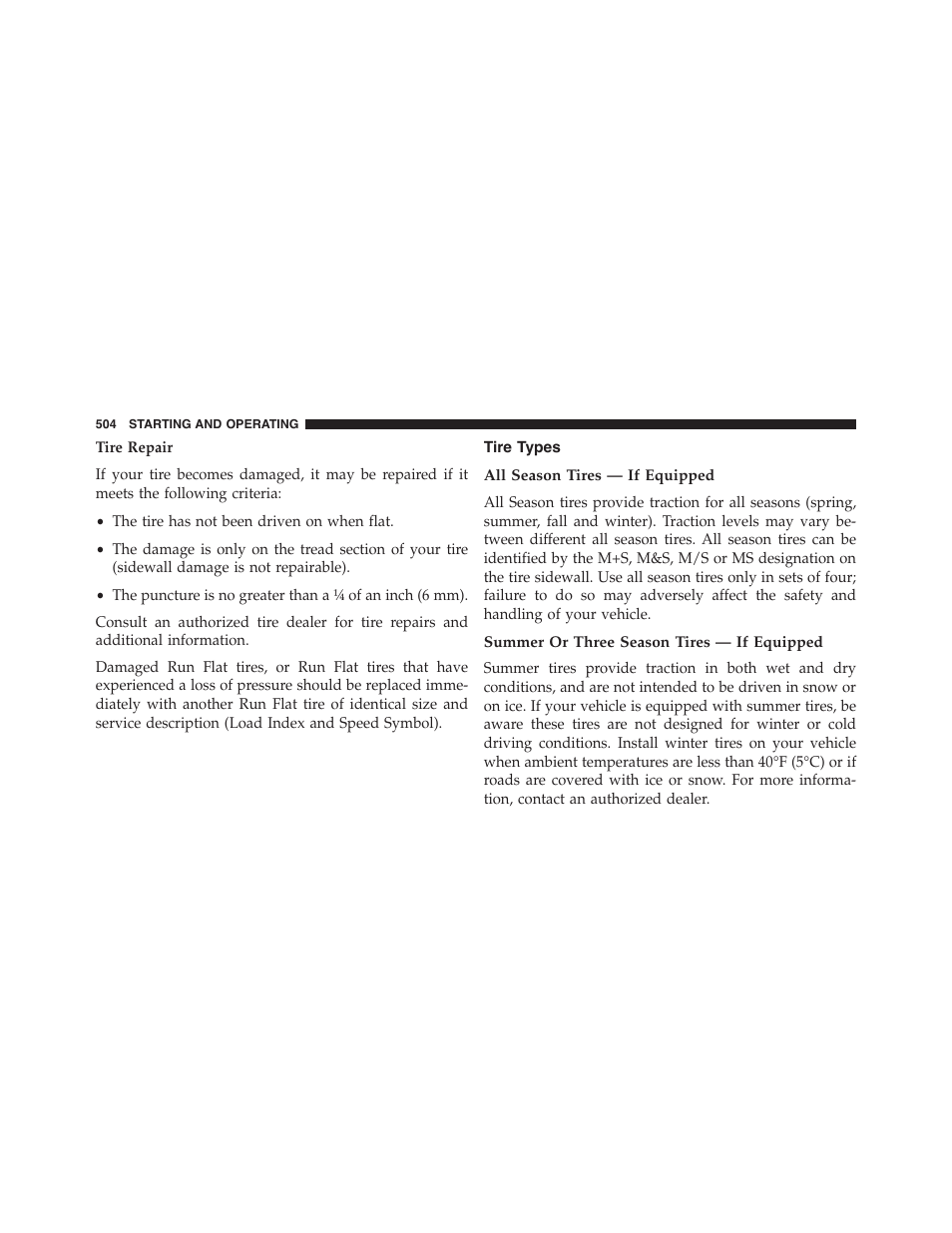 Tire types, All season tires — if equipped, Summer or three season tires — if equipped | Jeep 2015 Grand Cherokee - Owner Manual User Manual | Page 506 / 709