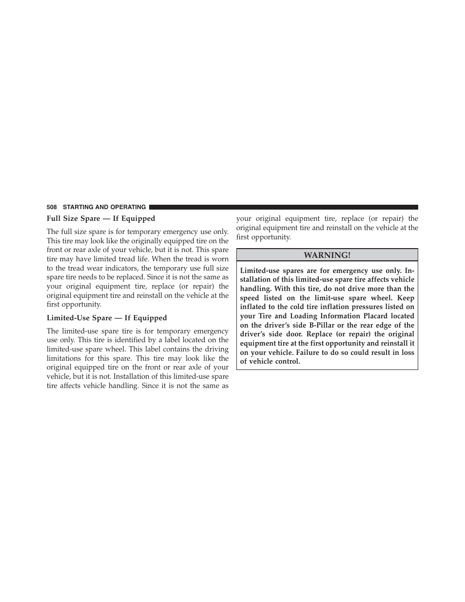 Full size spare — if equipped, Limited-use spare — if equipped | Jeep 2015 Grand Cherokee - Owner Manual User Manual | Page 510 / 709