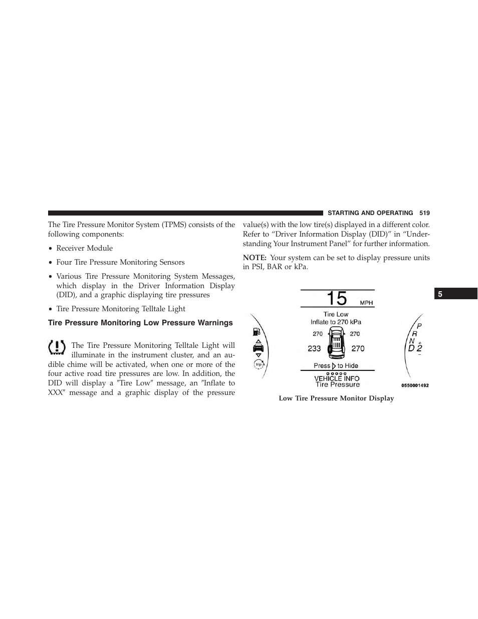 Tire pressure monitoring low pressure warnings, Tire pressure monitoring low pressure, Warnings | Jeep 2015 Grand Cherokee - Owner Manual User Manual | Page 521 / 709