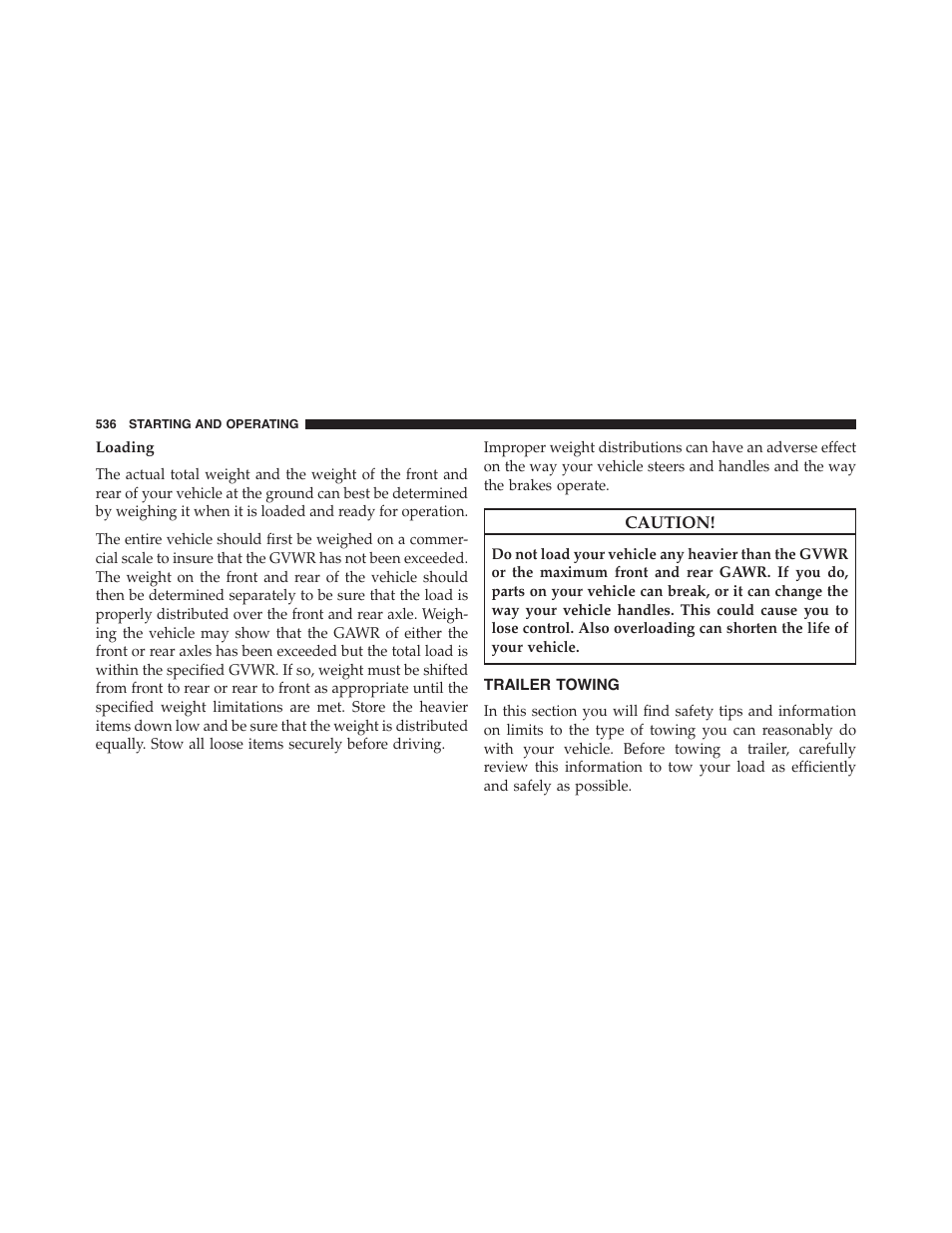 Loading, Trailer towing | Jeep 2015 Grand Cherokee - Owner Manual User Manual | Page 538 / 709