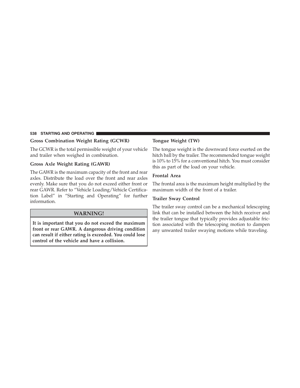 Gross combination weight rating (gcwr), Gross axle weight rating (gawr), Tongue weight (tw) | Frontal area, Trailer sway control | Jeep 2015 Grand Cherokee - Owner Manual User Manual | Page 540 / 709