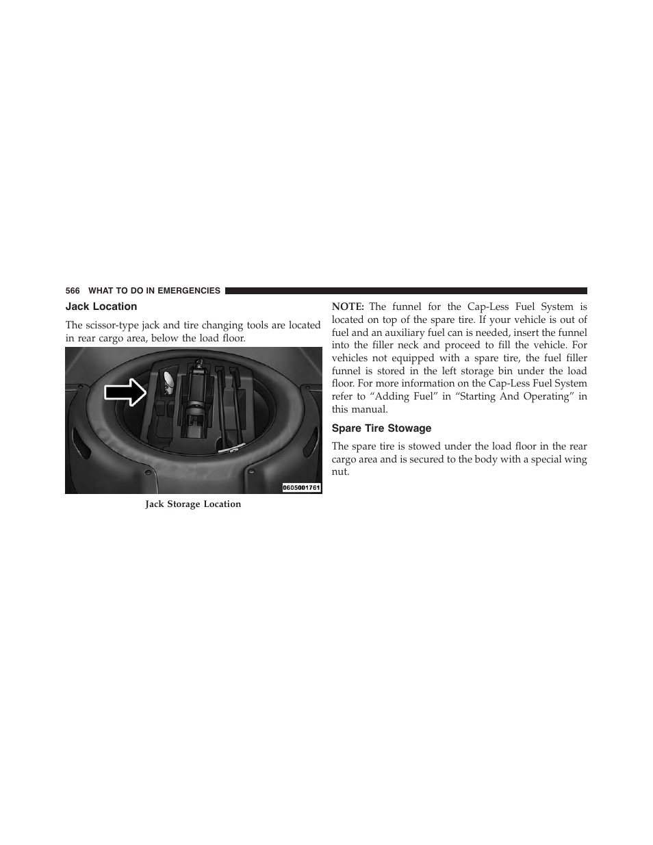 Jack location, Spare tire stowage | Jeep 2015 Grand Cherokee - Owner Manual User Manual | Page 568 / 709